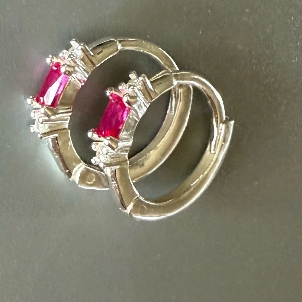 Sterling Silver Ruby Baguette Huggie Hoop Earrings 11mm